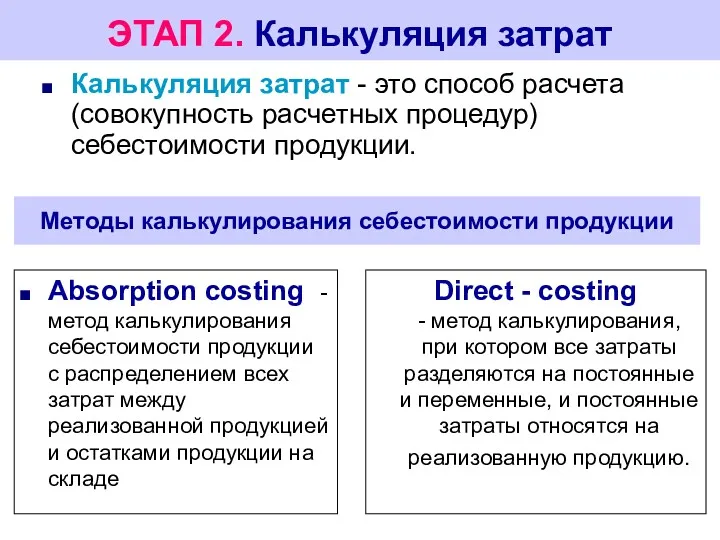 ЭТАП 2. Калькуляция затрат Калькуляция затрат - это способ расчета