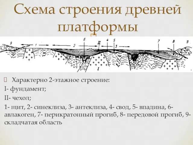 Схема строения древней платформы Характерно 2-этажное строение: I- фундамент; II-