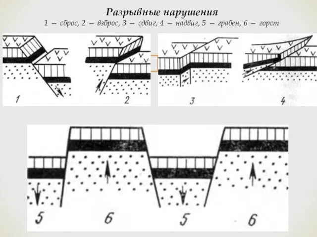 Разрывные нарушения 1 — сброс, 2 — взброс, 3 —