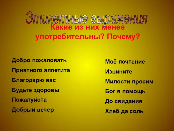 Этикетные выражения Какие из них менее употребительны? Почему? Добро пожаловать