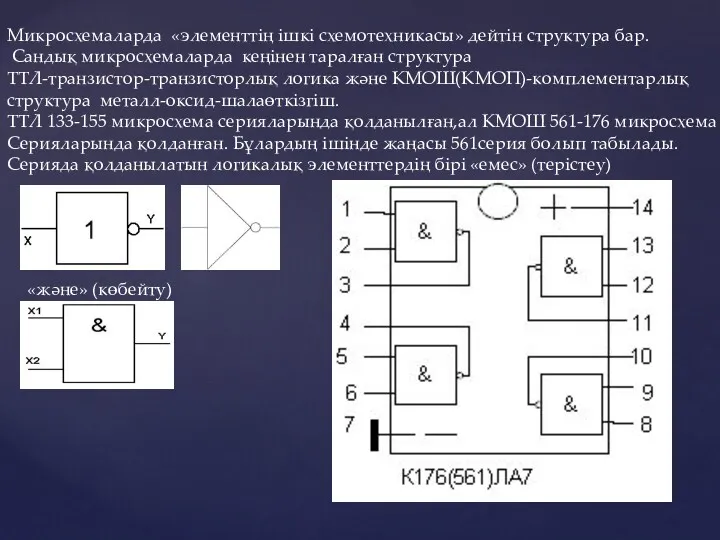 Микросхемаларда «элементтің ішкі схемотехникасы» дейтін структура бар. Сандық микросхемаларда кеңінен