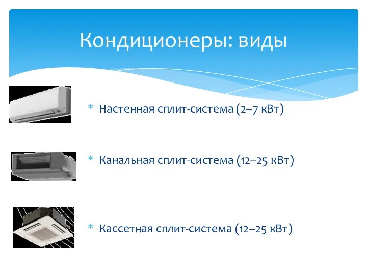 Настенная сплит-система (2–7 кВт) Канальная сплит-система (12–25 кВт) Кассетная сплит-система (12–25 кВт) Кондиционеры: виды