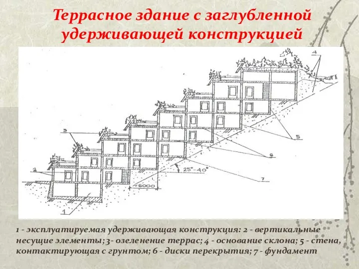 Террасное здание с заглубленной удерживающей конструкцией 1 - эксплуатируемая удерживающая