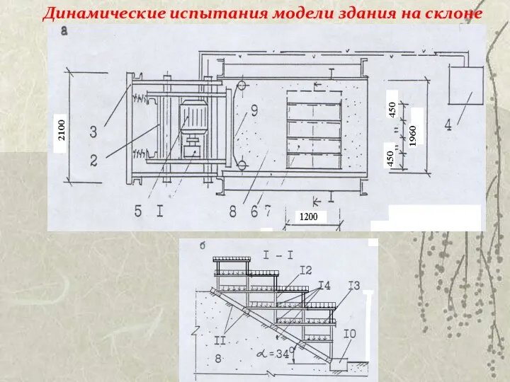 Динамические испытания модели здания на склоне