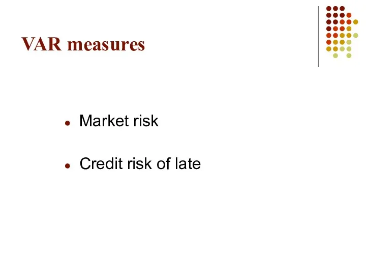 VAR measures Market risk Credit risk of late