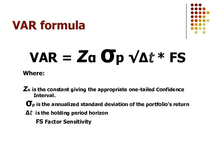 VAR formula VAR = zα σp √Δt * FS Where: