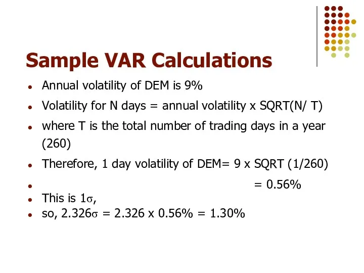 Sample VAR Calculations Annual volatility of DEM is 9% Volatility
