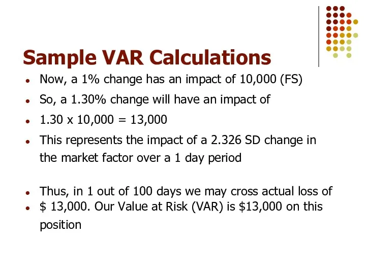 Sample VAR Calculations Now, a 1% change has an impact