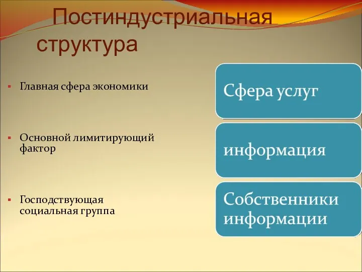 Постиндустриальная структура Главная сфера экономики Основной лимитирующий фактор Господствующая социальная группа