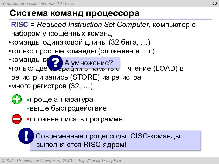 Система команд процессора RISC = Reduced Instruction Set Computer, компьютер с набором упрощённых