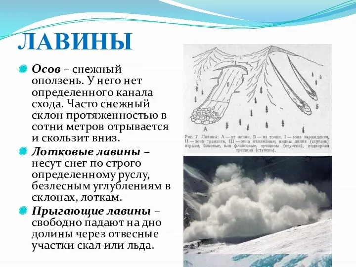 ЛАВИНЫ Осов – снежный оползень. У него нет определенного канала