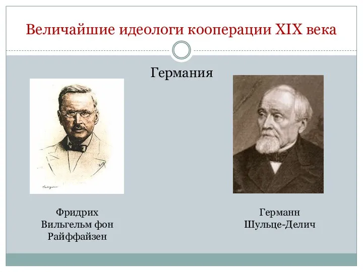 Германия Фридрих Вильгельм фон Райффайзен Величайшие идеологи кооперации XIX века Германн Шульце-Делич