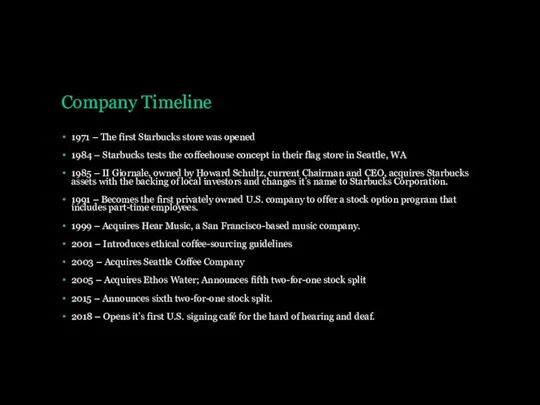 Company Timeline 1971 – The first Starbucks store was opened