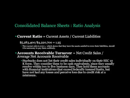Consolidated Balance Sheets : Ratio Analysis Current Ratio = Current