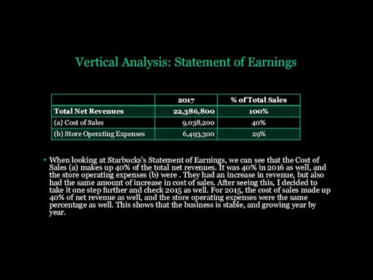 Vertical Analysis: Statement of Earnings When looking at Starbucks's Statement