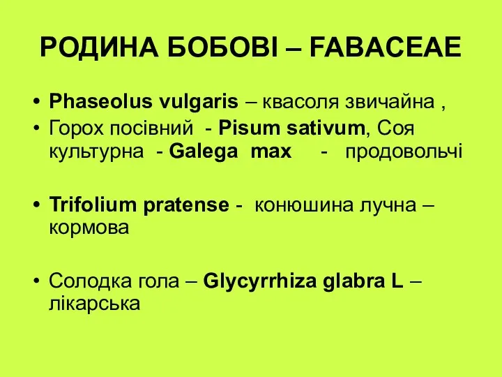 РОДИНА БОБОВІ – FABACEAE Phaseolus vulgaris – квасоля звичайна ,