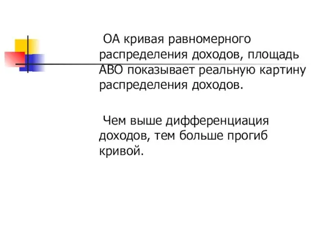 OA кривая равномерного распределения доходов, площадь ABO показывает реальную картину