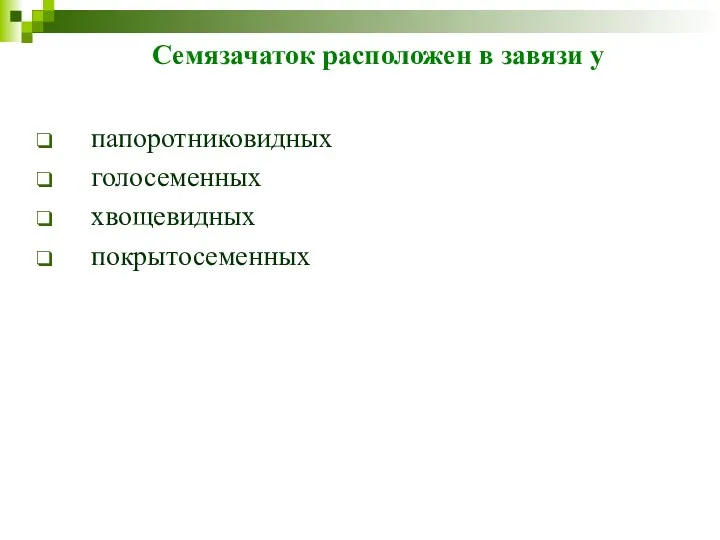 Семязачаток расположен в завязи у папоротниковидных голосеменных хвощевидных покрытосеменных