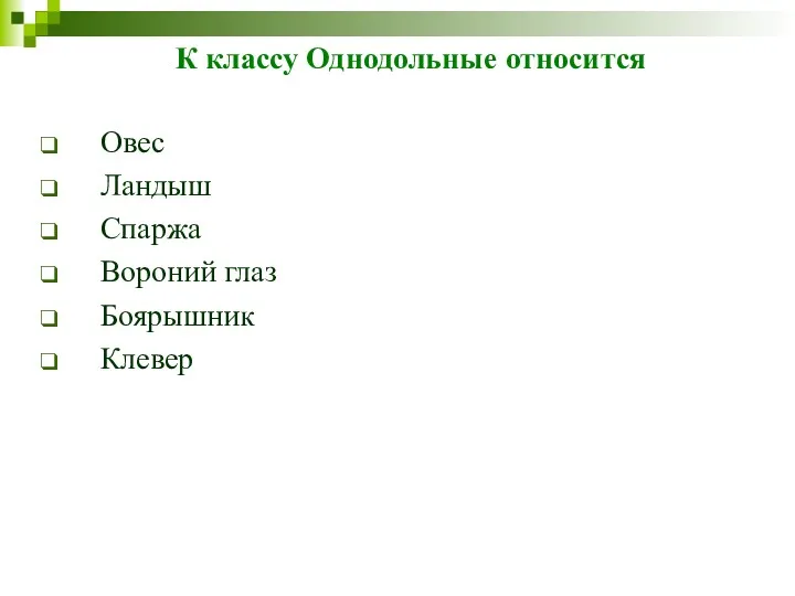 К классу Однодольные относится Овес Ландыш Спаржа Вороний глаз Боярышник Клевер