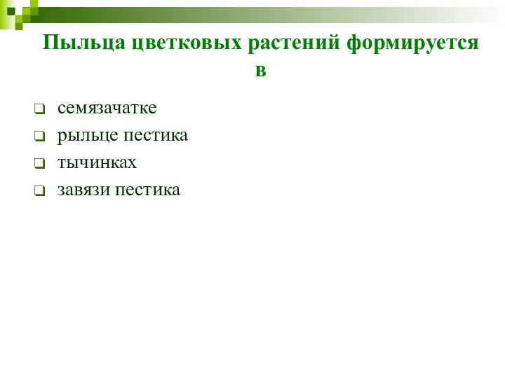 Пыльца цветковых растений формируется в семязачатке рыльце пестика тычинках завязи пестика