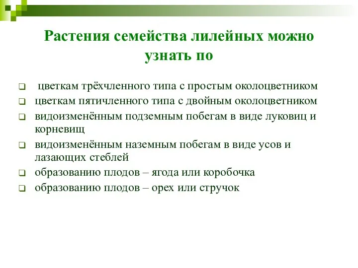 Растения семейства лилейных можно узнать по цветкам трёхчленного типа с