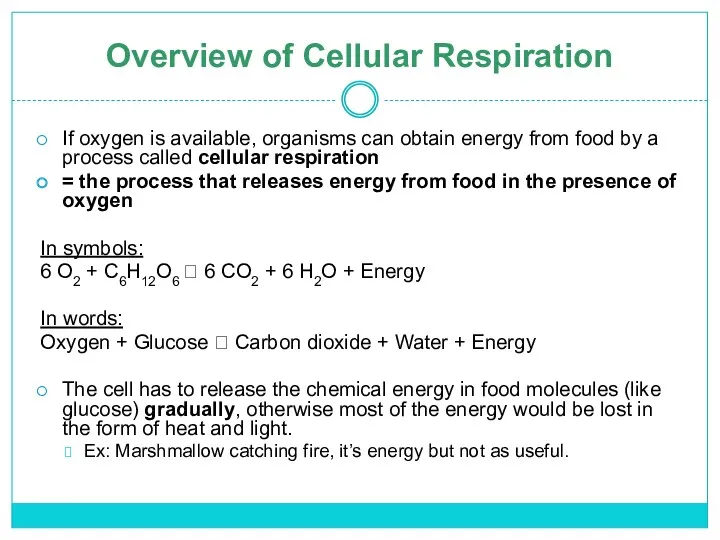 Overview of Cellular Respiration If oxygen is available, organisms can obtain energy from