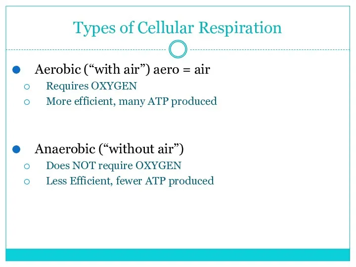 Types of Cellular Respiration Aerobic (“with air”) aero = air Requires OXYGEN More
