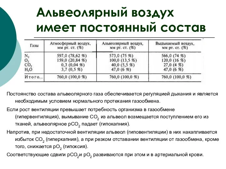 Альвеолярный воздух имеет постоянный состав Постоянство состава альвеолярного газа обеспечивается