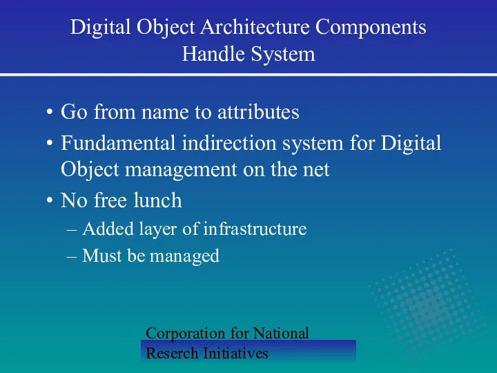 Corporation for National Reserch Initiatives Digital Object Architecture Components Handle