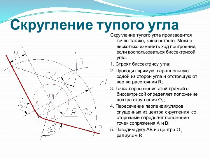 Скругление тупого угла Скругление тупого угла производится точно так же,