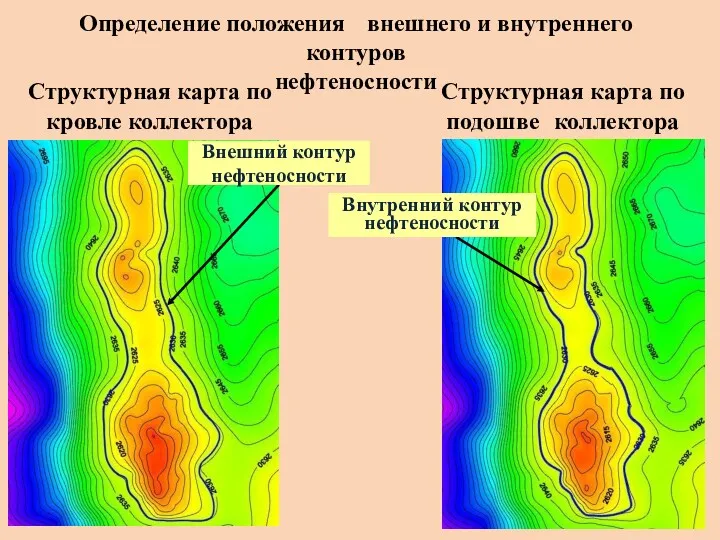 Определение положения внешнего и внутреннего контуров нефтеносности Структурная карта по