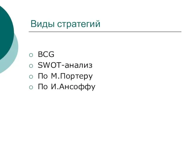 Виды стратегий BCG SWOT-анализ По М.Портеру По И.Ансоффу