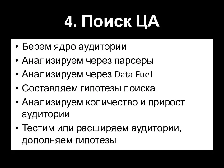 4. Поиск ЦА Берем ядро аудитории Анализируем через парсеры Анализируем