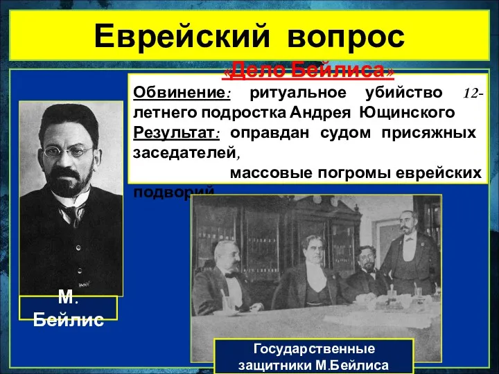 Еврейский вопрос М.Бейлис «Дело Бейлиса» Обвинение: ритуальное убийство 12-летнего подростка