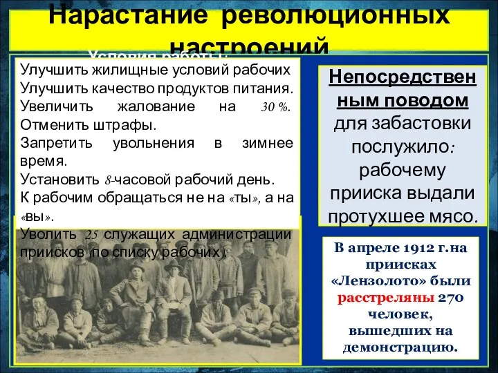 Нарастание революционных настроений Условия работы: 1.При трудоустройстве рабочий получал аванс