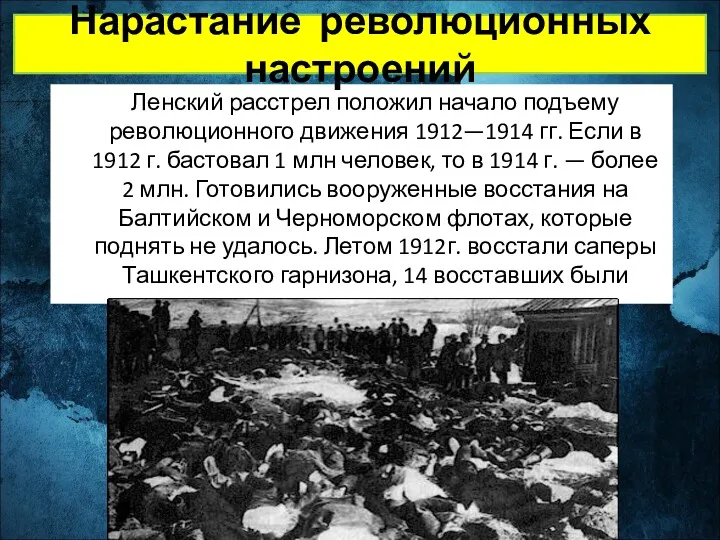 Ленский расстрел положил начало подъему революционного движения 1912—1914 гг. Если