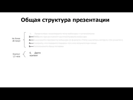 1. Приветствие+анонсируете тему вебинара + установление контакта Говорите про регламент