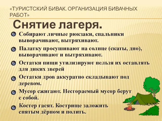 «ТУРИСТСКИЙ БИВАК. ОРГАНИЗАЦИЯ БИВАЧНЫХ РАБОТ» Снятие лагеря. Собирают личные рюкзаки,