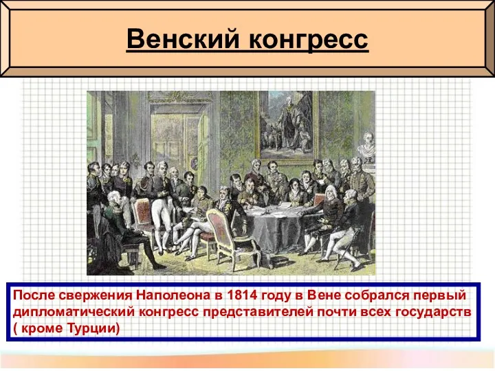 Венский конгресс После свержения Наполеона в 1814 году в Вене собрался первый дипломатический