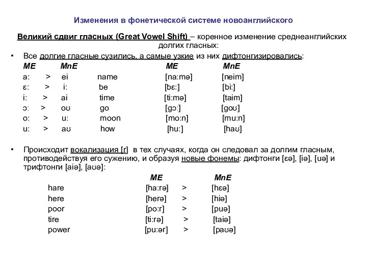 Изменения в фонетической системе новоанглийского Великий сдвиг гласных (Great Vowel