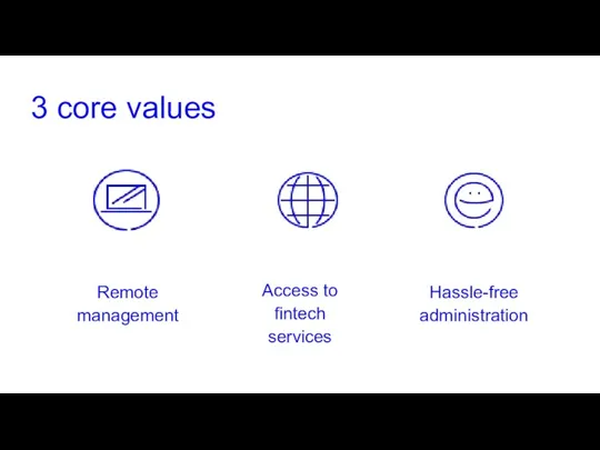 3 core values Access to fintech services Hassle-free administration Remote management