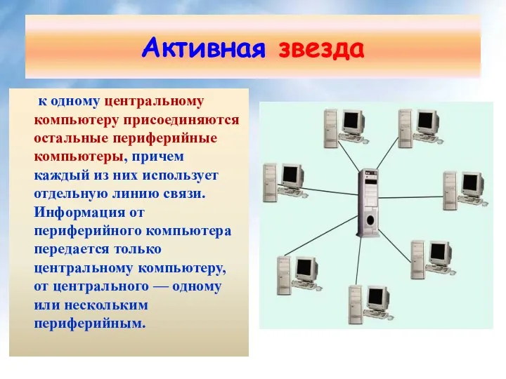 Активная звезда к одному центральному компьютеру присоединяются остальные периферийные компьютеры, причем каждый из