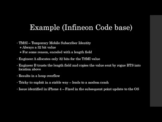 Example (Infineon Code base) TMSI – Temporary Mobile Subscriber Identity