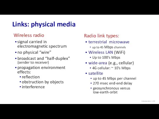 Introduction: 1- Links: physical media Wireless radio signal carried in