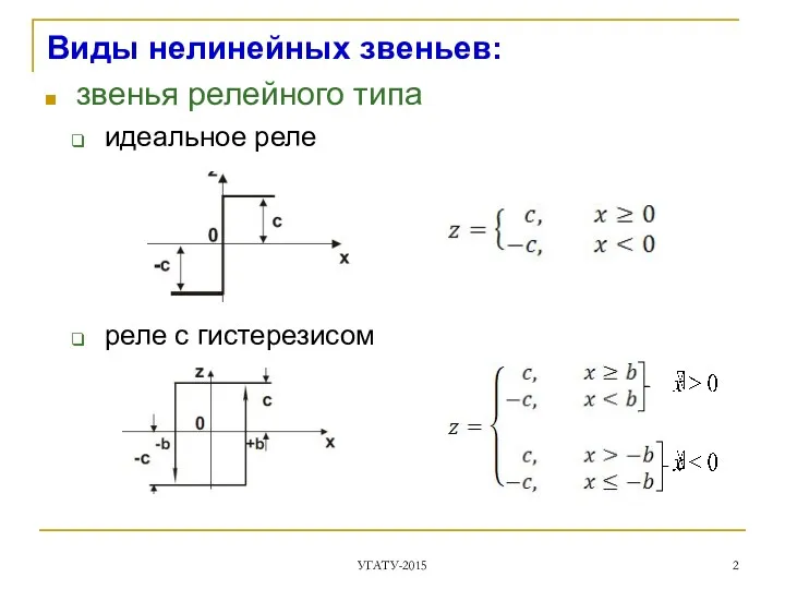 Виды нелинейных звеньев: звенья релейного типа идеальное реле реле с гистерезисом УГАТУ-2015