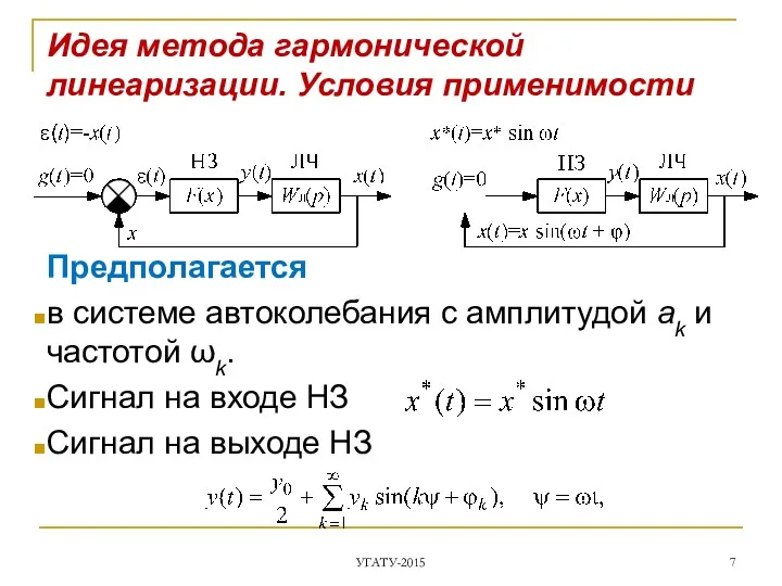 Идея метода гармонической линеаризации. Условия применимости Предполагается в системе автоколебания