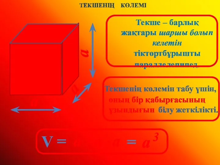 ТЕКШЕНІҢ КӨЛЕМІ Текше – барлық жақтары шаршы болып келетін тіктөртбұрышты