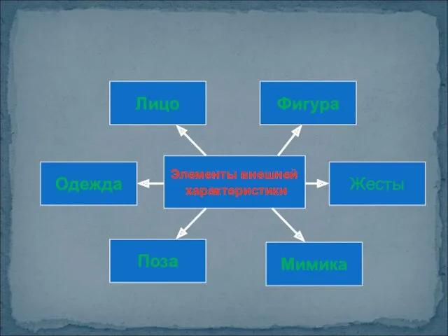 Элементы внешней характеристики Поза Мимика Жесты Одежда Лицо Фигура