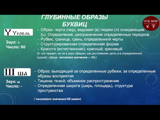 ГЛУБИННЫЕ ОБРАЗЫ БУКВИЦ Звук: ч Число: 90 Образ: черта (чер),