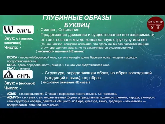 ГЛУБИННЫЕ ОБРАЗЫ БУКВИЦ Звук: о (мягкое, конечное) Число: - Сияние ; Созидание Продолжение